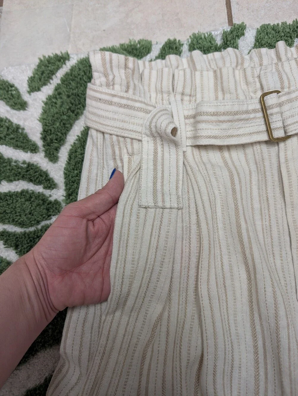 Banana Republic Cream & Tan Stripe Linen Blend Belted High Rise Pants, Size 4